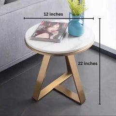 Elysia Side Table | White Marble Top with Gold Frame | Crisscross Base Design | Living Room & Bedroom Use