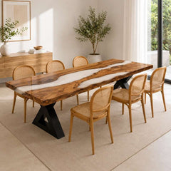 Custom Made Live Edge White Epoxy Resin River Dining Table, Handmade Modern Rustic Wood Furniture, Natural Solid Wood | Custom Made Design