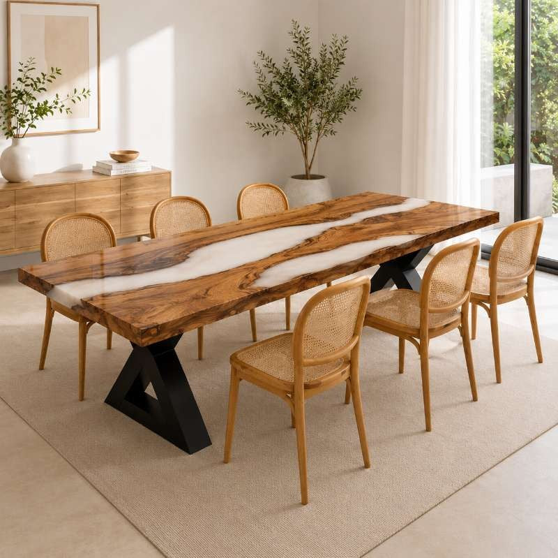 Custom Made Live Edge White Epoxy Resin River Dining Table, Handmade Modern Rustic Wood Furniture, Natural Solid Wood | Custom Made Design
