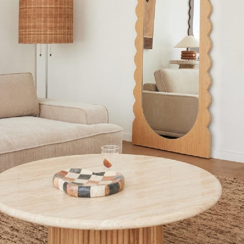 Roma White Round Marble Coffee Table with Ribbed Cylindrical Base – Luxury Living Room Furniture