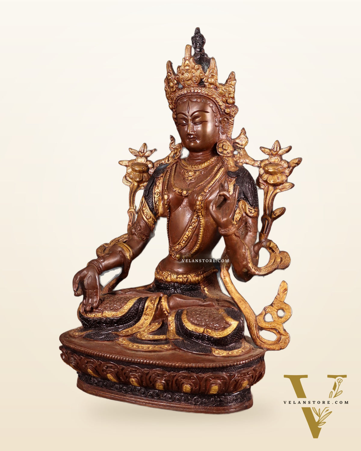 White Tara Pure Brass Statue – Nepalese Copper Tone | 12"