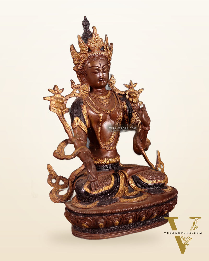 White Tara Pure Brass Statue – Nepalese Copper Tone | 12"