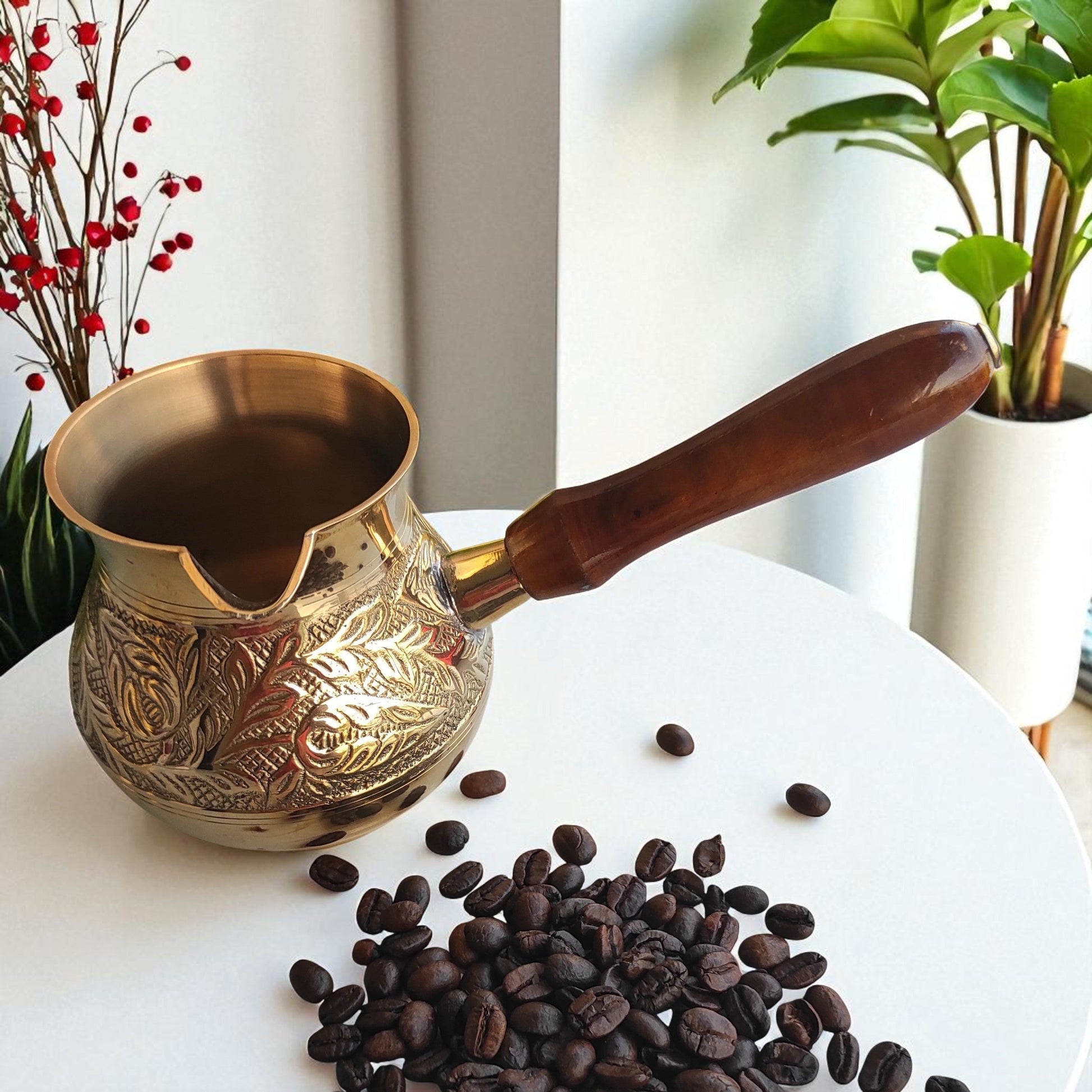 Brass Turkish Kettle Mug with Wooden Handle, Coffee Tea Mug Pourer, Matka Pot Design