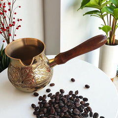 Brass Turkish Kettle Mug with Wooden Handle, Coffee Tea Mug Pourer, Matka Pot Design