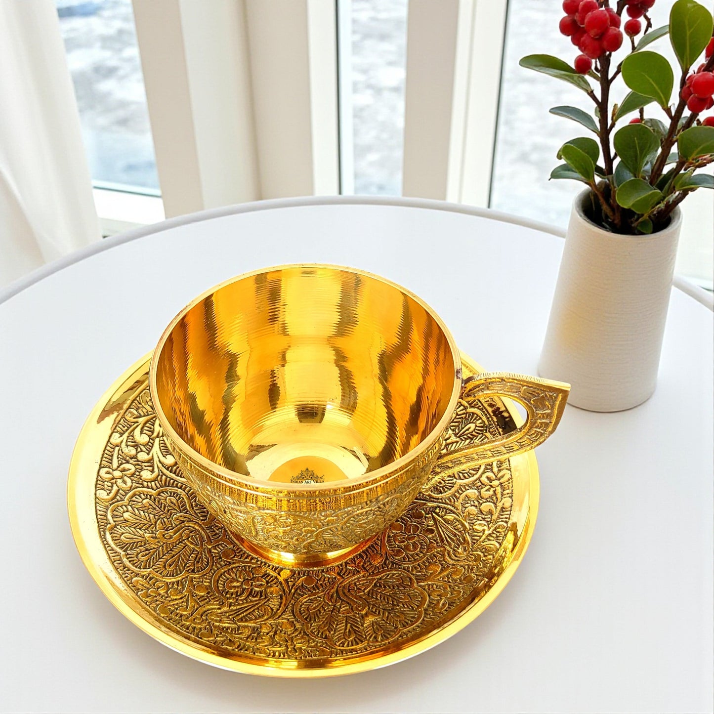 Pure Brass Embossed Design Cup & Saucer- 150 ML