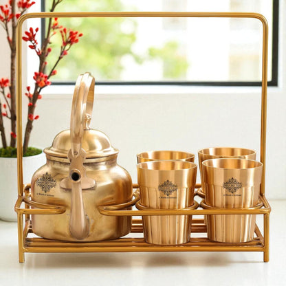 Handmade Pure Brass Tea Kettle with 4 Brass Tea Cups with Serving Stand