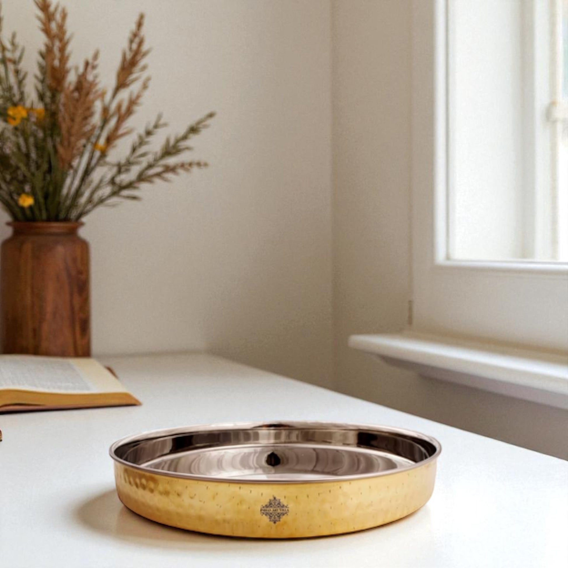 Pure Steel Brass Hammered Designer Plate, Thali, Serveware, Dinnerware, 34.04 cm