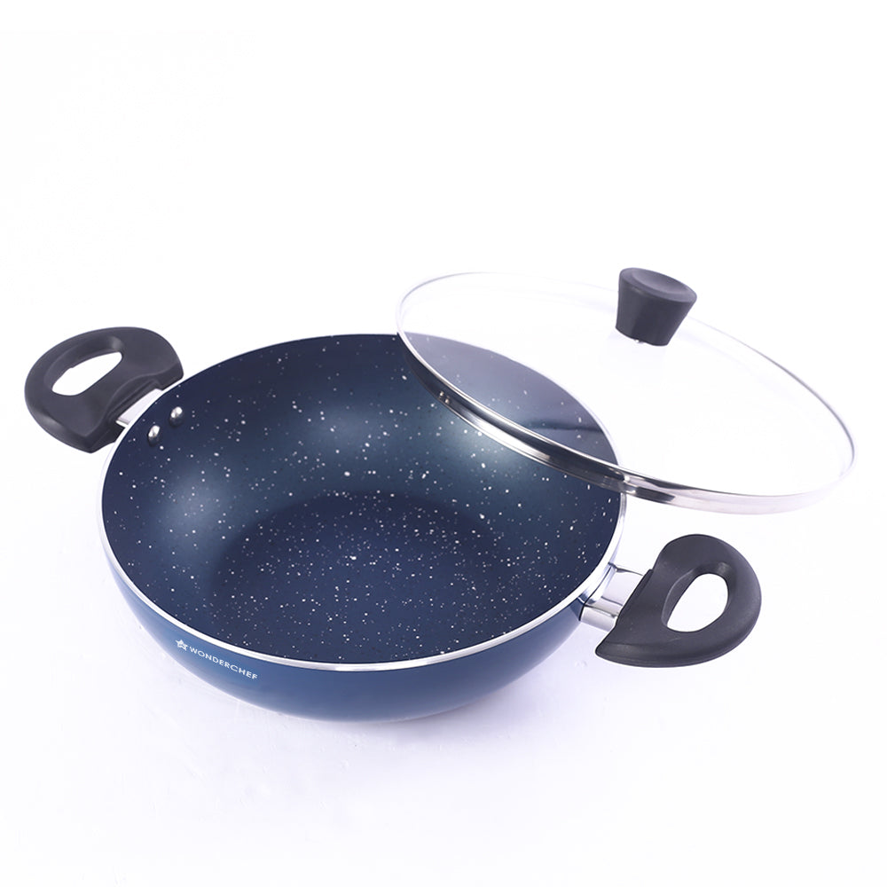 Wonderchef Blueberry Non-Stick Kadhai with Glass Lid, 28 cm, Non-toxic, Chemical & PFOA Free, Pure-grade Aluminium, Cook