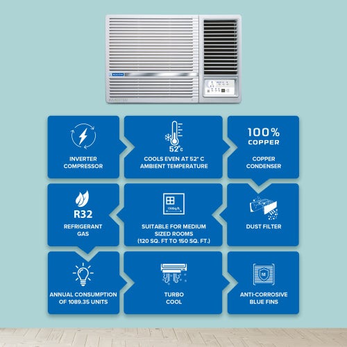 Bluestar L Series 1.5 Ton 4 Star Inverter Window AC with 5-in-1 Convertible Cooling | Dry Mode | Turbo Cool | Self Diagnosis | Auto Restart (WIE518L, White) 2025 Model