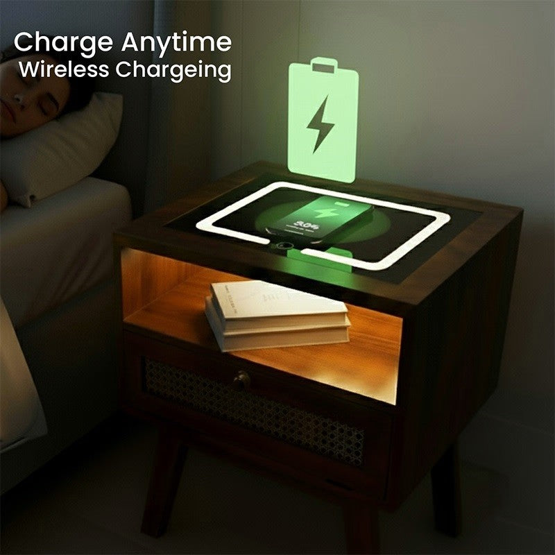 Smart Solid Wood Bedside Table with Wireless Charging Station, LED Light, Rattan Drawer & USB Ports for Bedroom & Living Room