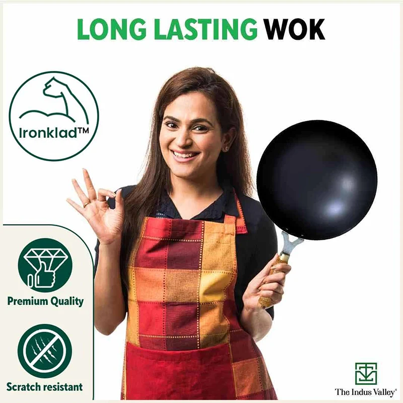 100% Pure Iron Wok with Wooden Handle, Toxin-free Sheet Iron, Pre-seasoned, 2.2/4.2L, 1/1.5kg