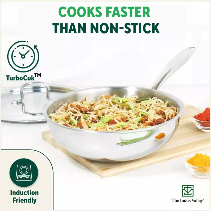 TurboCuk Tri-ply Stainless Steel Wok/Fry Pan+ Steel Lid, Premium Quality, 3 Layer Thick Body, 100% Toxin-free, Non-stick, Induction & Gas, 1.8/2.3L, 1/1.6kg