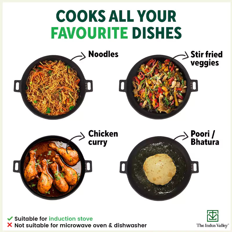 CASTrong Cast Iron Wok Kadai, Pre-seasoned, 100% Pure, Toxin-free, 31cm, 3.2L, 2.8kg