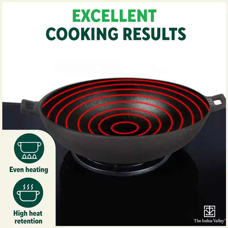 CASTrong Cast Iron Wok Kadai, Pre-seasoned, 100% Pure, Toxin-free, 31cm, 3.2L, 2.8kg