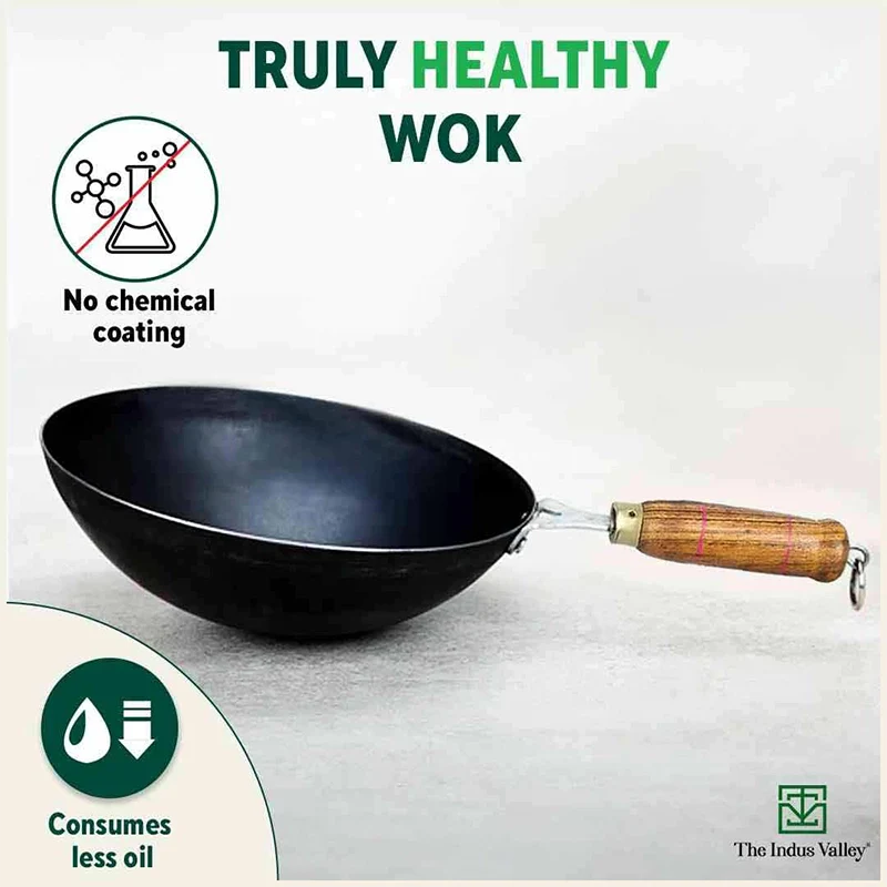 100% Pure Iron Wok with Wooden Handle, Toxin-free Sheet Iron, Pre-seasoned, 2.2/4.2L, 1/1.5kg