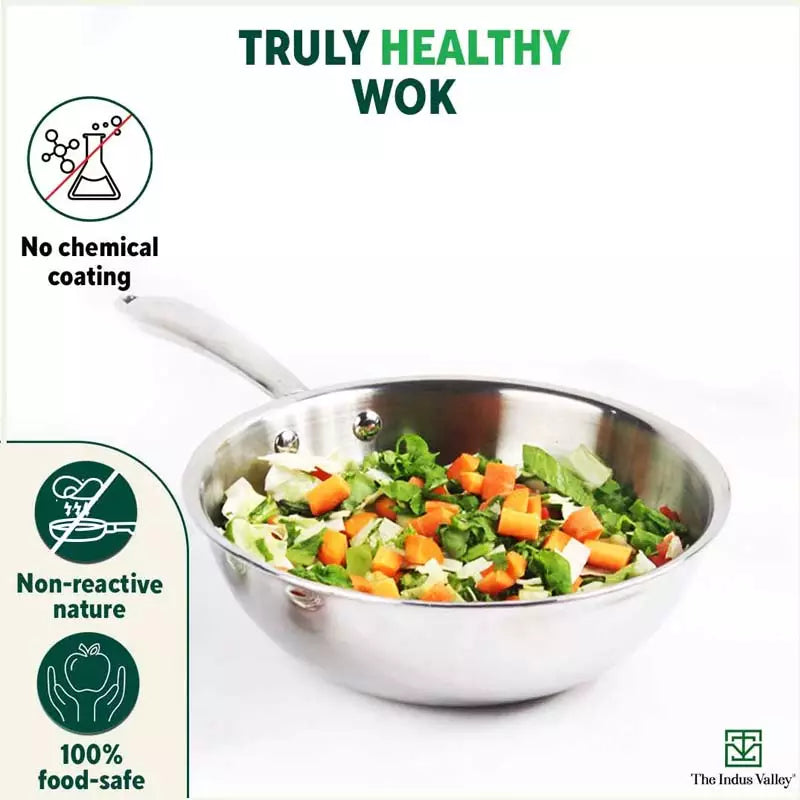 TurboCuk Tri-ply Stainless Steel Wok/Fry Pan+ Steel Lid, Premium Quality, 3 Layer Thick Body, 100% Toxin-free, Non-stick, Induction & Gas, 1.8/2.3L, 1/1.6kg