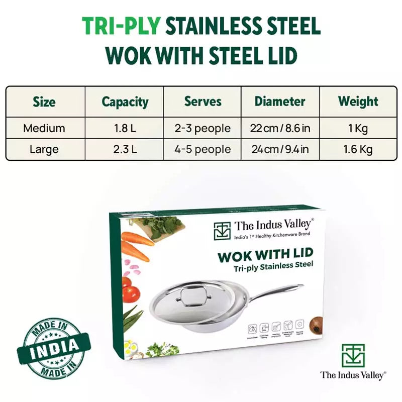 TurboCuk Tri-ply Stainless Steel Wok/Fry Pan+ Steel Lid, Premium Quality, 3 Layer Thick Body, 100% Toxin-free, Non-stick, Induction & Gas, 1.8/2.3L, 1/1.6kg