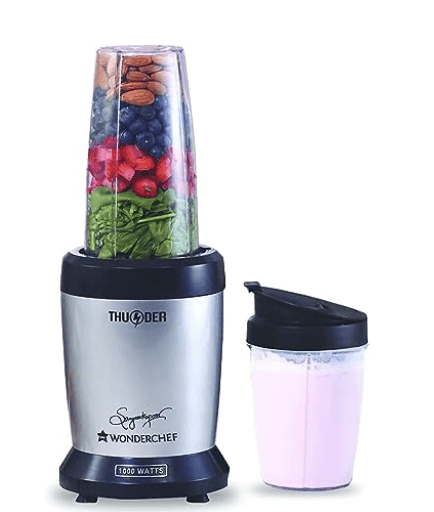 Wonderchef Nutri-blend Thunder Mixer, Grinder, Blender & Smoothie Maker | 22000 RPM, Powerful 1000W 100% Full Copper Motor | SS 6-Blade Assembly | 2 Unbreakable Tritan Jars | 2 Years Warranty | Recipe Book By Chef Sanjeev Kapoor | Black Silver
