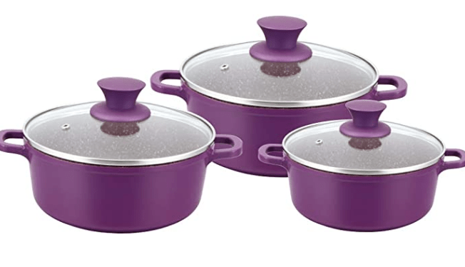 வொண்டர்செஃப் கிரானைட் டை-காஸ்ட் நான்-ஸ்டிக் 6-பீஸ் கேசரோல் செட் மூடிகளுடன் | இண்டக்ஷன் பாட்டம் | சாஃப்ட்-டச் ஹேண்டில்ஸ் | விர்ஜின் கிரேடு அலுமினியம் | PFOA மற்றும் கன உலோகங்கள் இலவசம் | 3.5 மிமீ தடிமன் | 2 வருட உத்தரவாதம் | ஊதா