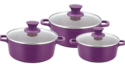 வொண்டர்செஃப் கிரானைட் டை-காஸ்ட் நான்-ஸ்டிக் 6-பீஸ் கேசரோல் செட் மூடிகளுடன் | இண்டக்ஷன் பாட்டம் | சாஃப்ட்-டச் ஹேண்டில்ஸ் | விர்ஜின் கிரேடு அலுமினியம் | PFOA மற்றும் கன உலோகங்கள் இலவசம் | 3.5 மிமீ தடிமன் | 2 வருட உத்தரவாதம் | ஊதா