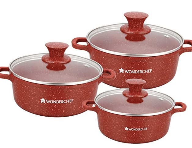 வொண்டர்செஃப் கிரானைட் டை-காஸ்ட் நான்-ஸ்டிக் 6-பீஸ் கேசரோல் செட் மூடிகளுடன் | இண்டக்ஷன் பாட்டம் | சாஃப்ட்-டச் ஹேண்டில்ஸ் | விர்ஜின் கிரேடு அலுமினியம் | PFOA மற்றும் ஹெவி மெட்டல்கள் இலவசம் | 3.5 மிமீ தடிமன் | 2 வருட உத்தரவாதம் | சிவப்பு