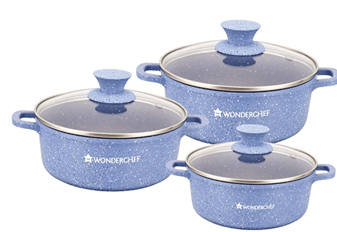 வொண்டர்செஃப் கிரானைட் டை-காஸ்ட் அல்லாத-ஸ்டிக் 6-பீஸ் கேசரோல் செட் மூடிகளுடன் | இண்டக்ஷன் பாட்டம் | சாஃப்ட்-டச் ஹேண்டில்ஸ் | விர்ஜின் கிரேடு அலுமினியம் | PFOA மற்றும் கன உலோகங்கள் இலவசம் | 3.5 மிமீ தடிமன் | 2 வருட உத்தரவாதம் | நீலம்