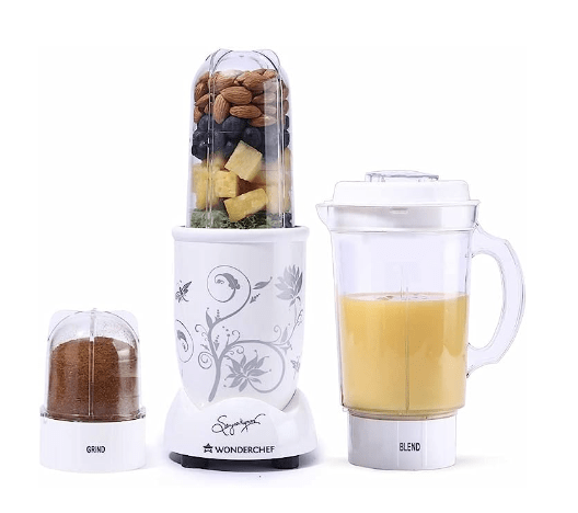 Wonderchef Nutri-blend Juicer, Mixer, Grinder, Blender & Smoothie Maker | 22000 RPM, 400W 100% Full Copper Motor | Stainless steel Blades | 3 unbreakable jars | 2 Years warranty | Recipe book by Chef Sanjeev Kapoor | White