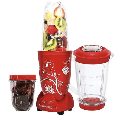 Wonderchef Nutri-blend Juicer, Mixer, Grinder, Blender & Smoothie Maker | 22000 RPM, 400W 100% Full Copper Motor | Stainless steel Blades | 3 unbreakable jars | 2 Years warranty | Recipe book by Chef Sanjeev Kapoor | Red
