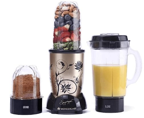 Wonderchef Nutri-blend Juicer, Mixer, Grinder, Blender & Smoothie Maker | 22000 RPM, 400W 100% Full Copper Motor | Stainless steel Blades | 3 unbreakable jars | 2 Years warranty | Recipe book by Chef Sanjeev Kapoor | Champagne