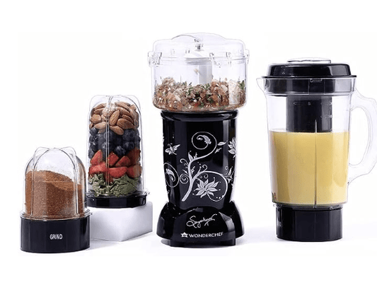 Wonderchef Nutri-blend Juicer, Mixer, Grinder, Smoothie Maker & Chopper | 400W 100% Full Copper Motor| Complete Kitchen Machine | 22000 RPM Blender, Chopper, Juicer | SS Blades | 4 Unbreakable Jars | 2 Years Warranty | Recipe Book By Chef Sanjeev Kapoor 