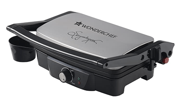 வொண்டர்செஃப் சஞ்சீவ் கபூர் தந்தூர் எலக்ட்ரிக் கிரில்லர் டோஸ்டர் சாண்ட்விச் மேக்கர் 3 இன் 1 அப்ளையன்ஸ் 1500 வாட் 180 டிகிரி கிரில்லிங் அதிகப்படியான எண்ணெய் நெகிழ்வு கீல்களை அகற்ற சரிசெய்யக்கூடிய சாய்வு பல அடுக்கு மணலுக்கானது