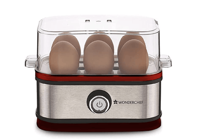 6 முட்டை வேட்டைக்காரர்களுடன் கூடிய வொண்டர்செஃப் கிரிம்சன் எட்ஜ் உடனடி மின்சார முட்டை பாய்லர்|3 கொதிக்கும் முறைகள், மென்மையான, நடுத்தர, கடினமான| சிவப்பு| 2 வருட உத்தரவாதம் 