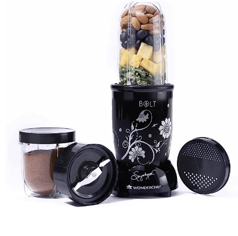 Wonderchef Nutri-blend BOLT Mixer, Grinder, Blender & Smoothie Maker | Extra Powerful 600W 22000 RPM 100% Full Copper Motor | Stainless steel Blades | 2 unbreakable jars with Sipper lid | 2 Year warranty | Recipe book by Chef Sanjeev Kapoor | Black