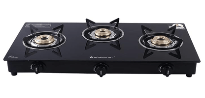 वंडरशेफ प्लैटिनम प्लस 3 बर्नर ऑटो ग्लास कुकटॉप 6 मिमी टफन्ड ग्लास कुकटॉप स्टेनलेस स्टील ड्रिप ट्रे एंटी स्किड लेग्स बड़े पैन सपोर्ट पाइज़ो के साथ ऑटो इग्निशन गैस लाइटर की आवश्यकता नहीं