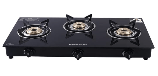 वंडरशेफ प्लैटिनम प्लस 3 बर्नर ऑटो ग्लास कुकटॉप 6 मिमी टफन्ड ग्लास कुकटॉप स्टेनलेस स्टील ड्रिप ट्रे एंटी स्किड लेग्स बड़े पैन सपोर्ट पाइज़ो के साथ ऑटो इग्निशन गैस लाइटर की आवश्यकता नहीं