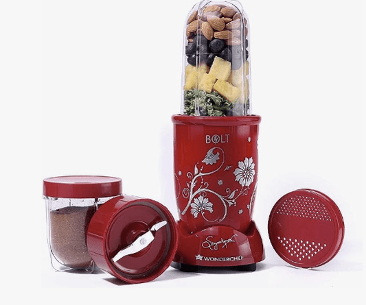 Wonderchef Nutri-blend BOLT Mixer, Grinder & Blender | Powerful 600W 22000 RPM 100% Full Copper Motor | Stainless steel Blades | 2 unbreakable jars with Sipper lid | 2 Years warranty | Recipe book by Chef Sanjeev Kapoor | Red
