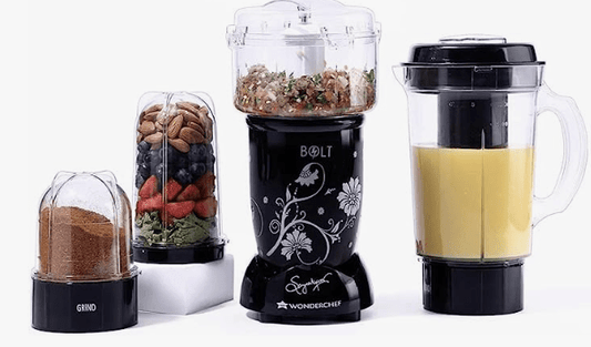 Wonderchef Nutri-blend BOLT Complete Kitchen Machine | 600W Powerful 100% Full Copper Motor | 22000 RPM Mixer grinder, Blender & Chopper | SS Blades | 4 unbreakable jars with Sipper lid | 2 Years warranty | Recipe book by Chef Sanjeev Kapoor | Black