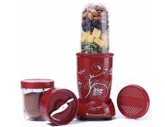 Wonderchef Nutri-blend Mixer, Grinder & Blender | Powerful 400W 22000 RPM 100% Full Copper Motor | Stainless Steel Blades | 2 Unbreakable Jars | 2 Years Warranty | Recipe book by Chef Sanjeev Kapoor | Red