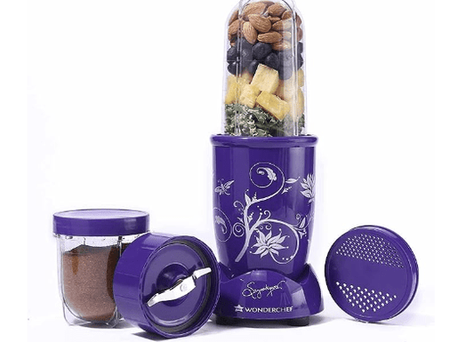 Wonderchef Nutri-blend Mixer, Grinder & Blender | Powerful 400W 22000 RPM 100% Full Copper Motor | Stainless Steel Blades | 2 Unbreakable Jars | 2 Years Warranty | Recipe book by Chef Sanjeev Kapoor | Purple