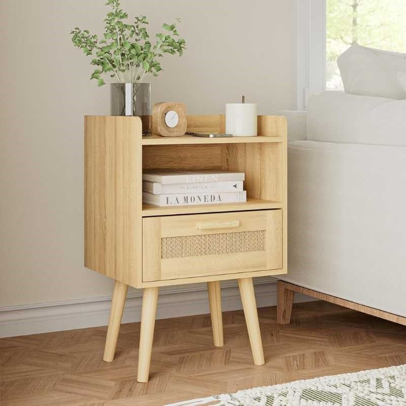 Scandinavian Wooden Bedside Table with Cane Drawer & Open Shelf