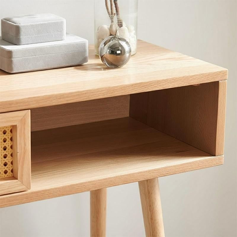 Rustic Boho Style Wooden Console Table with Rattan Sliding Drawers
