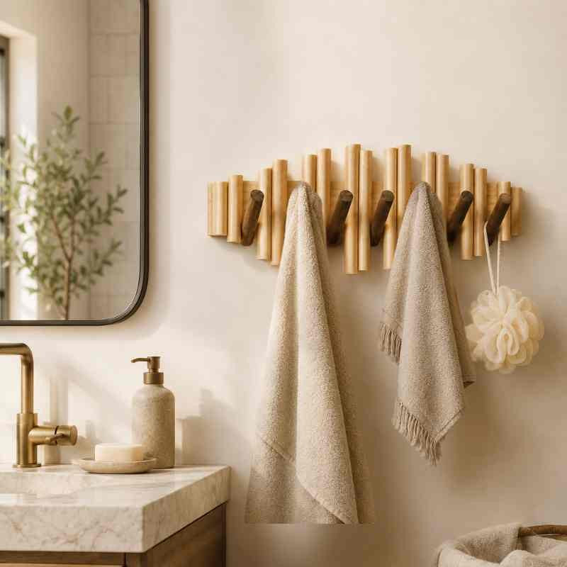 Natural Solid Wood Picket Coat Rack with 7 Flip Wall Hooks
