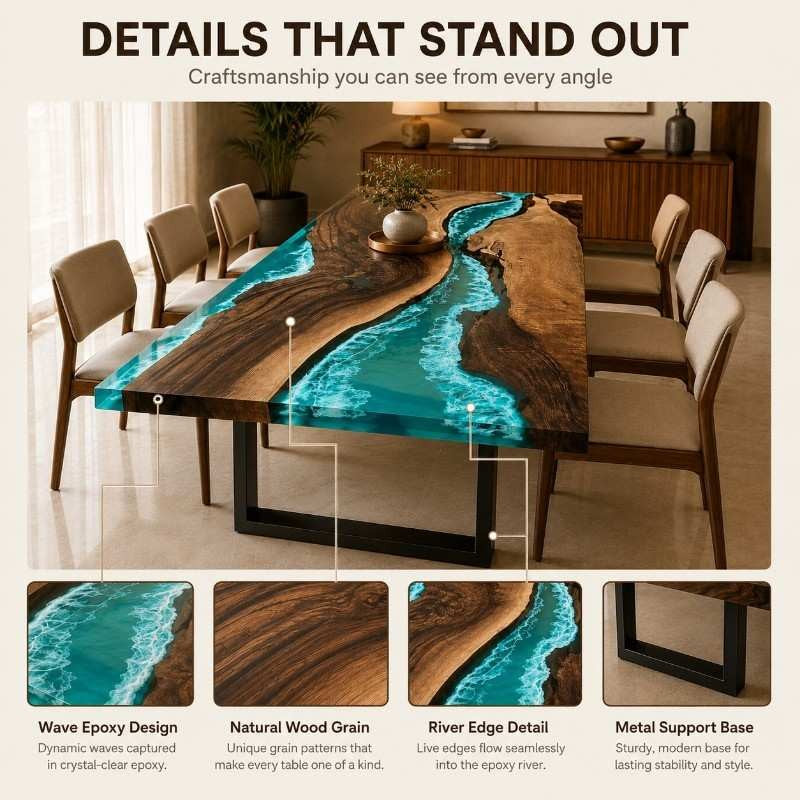Live Edge Wood Ocean Wave Epoxy Resin Dining Table with Black Metal Legs | Modern Luxury Blue Resin Table Top, Handmade Luxury Furniture Interior Design, Kitchen River Table