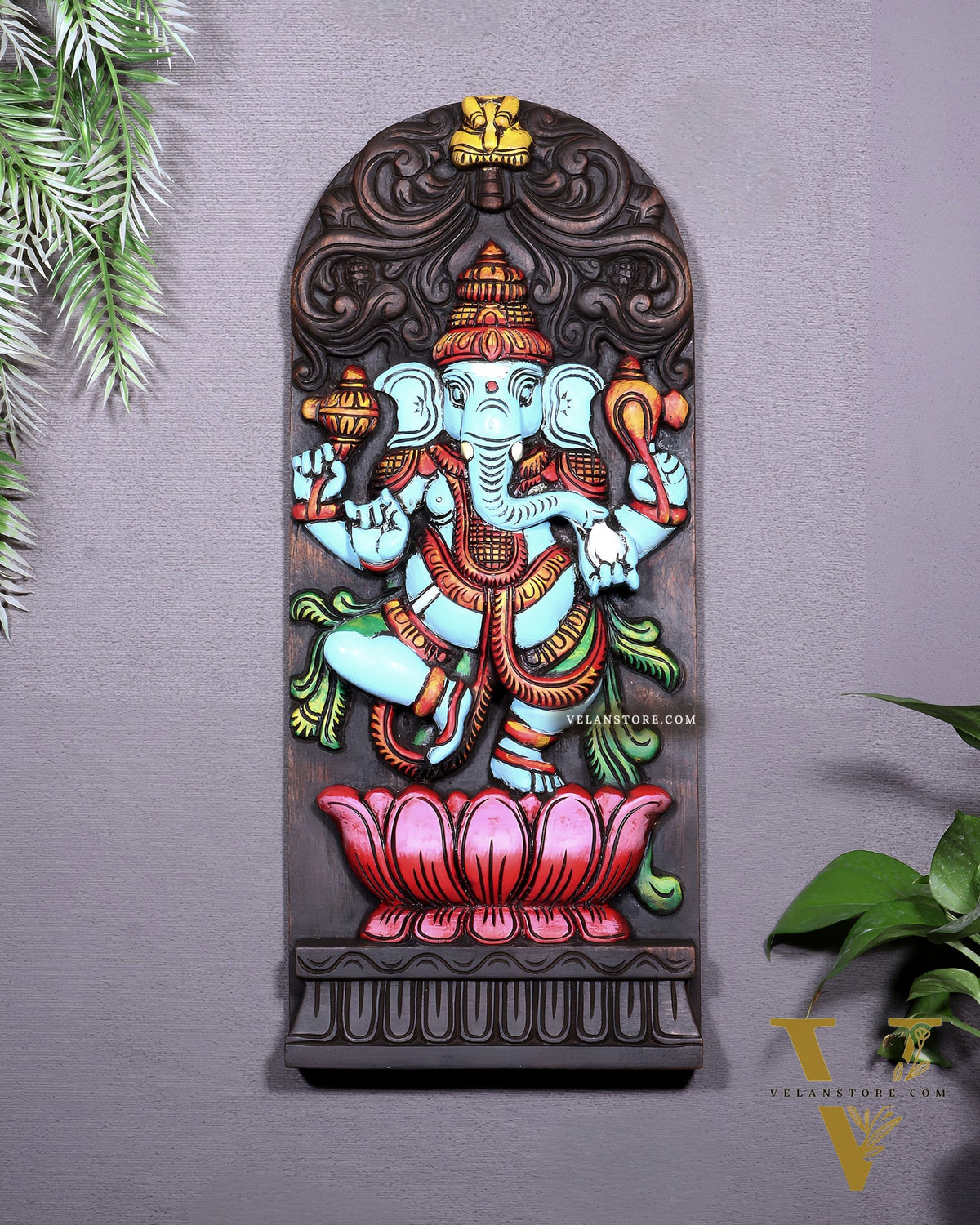 Wooden Ganesha Dancing on Lotus Motif – Vertical Wall Hanging Panel