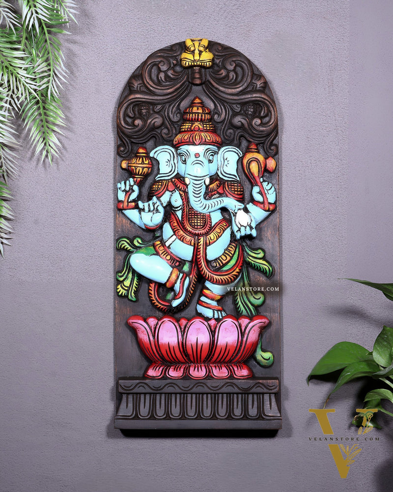 Wooden Ganesha Dancing on Lotus Motif – Vertical Wall Hanging Panel