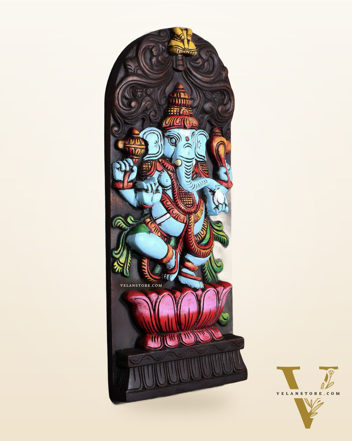 Wooden Ganesha Dancing on Lotus Motif – Vertical Wall Hanging Panel