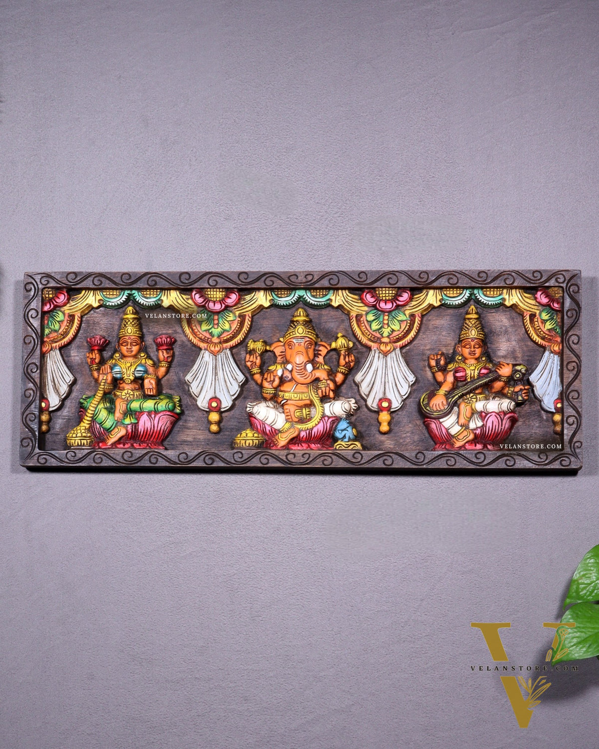 Wooden Horizontal Ganesh Lakshmi Saraswati Wall Hanging – Hand-Painted Panel 24 inch