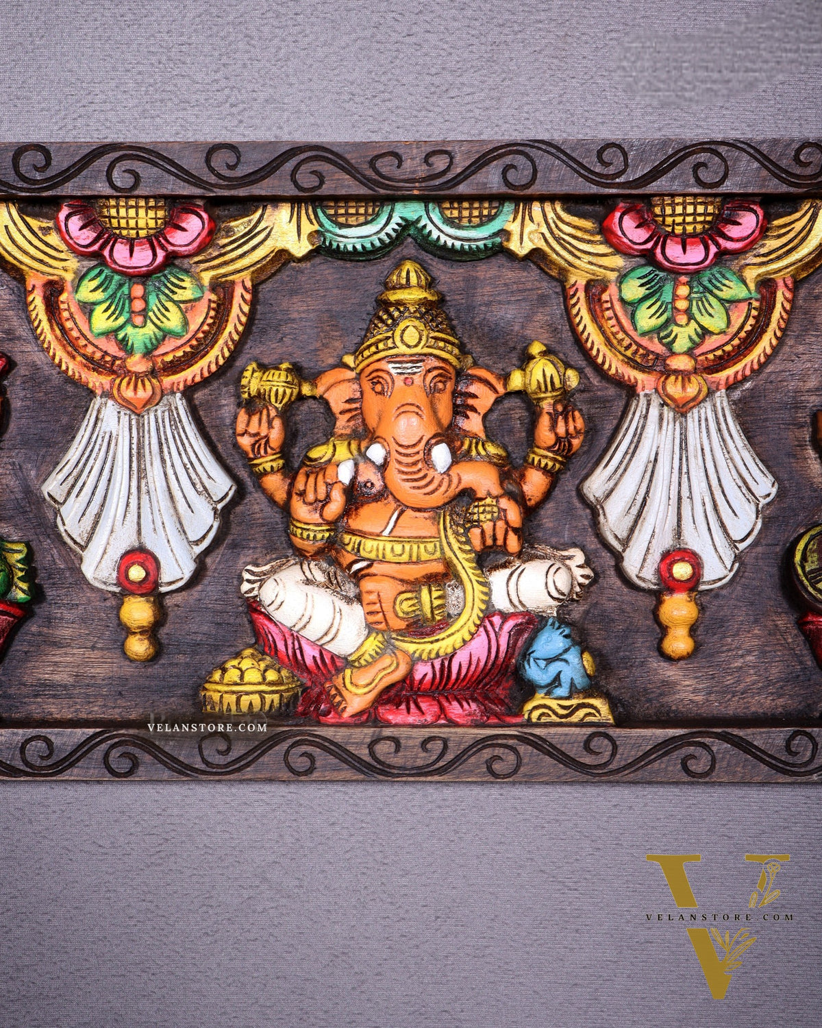 Wooden Horizontal Ganesh Lakshmi Saraswati Wall Hanging – Hand-Painted Panel 24 inch