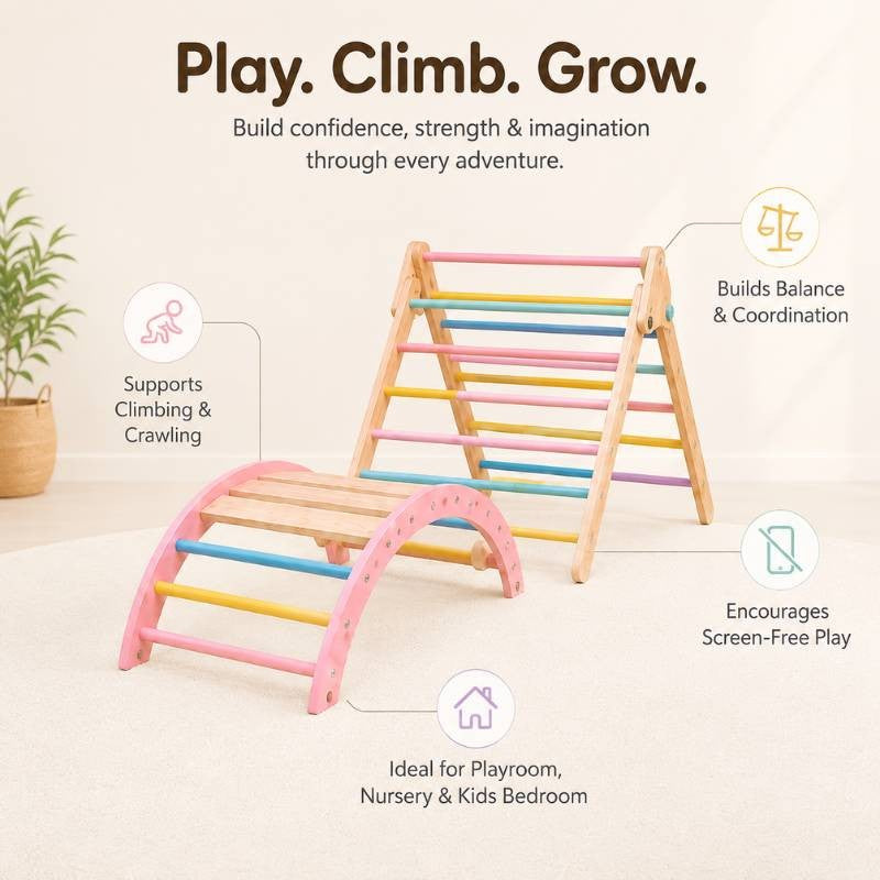 Montessori Climbing Arch & Pikler Triangle Set for Kids — Wooden Indoor Playset