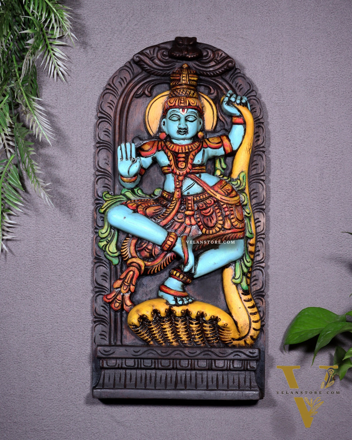 Wooden Kalinga Narthana Krishna Wall Hanging – Hand-Painted 18 inch